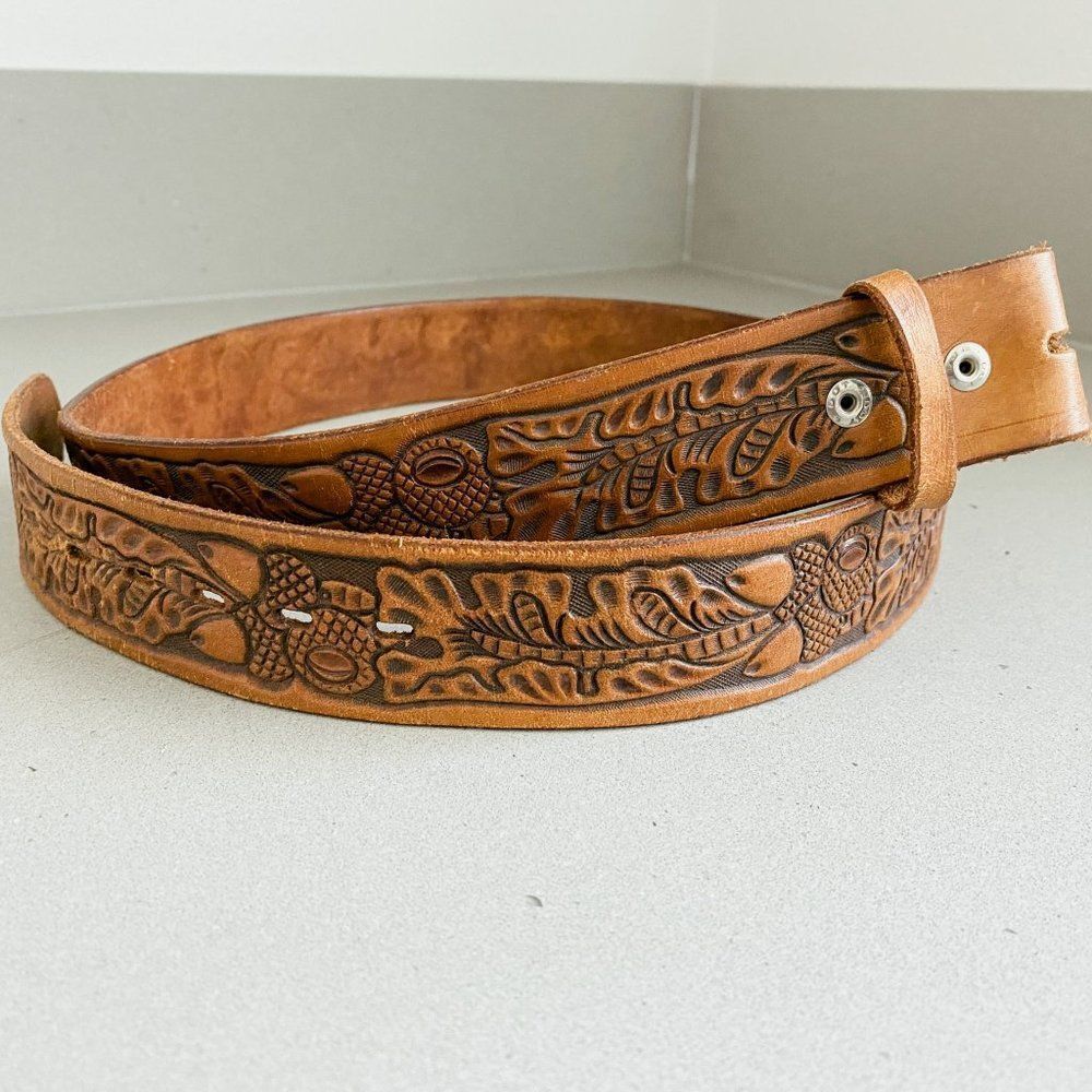 Men's Vintage Brown Western Cowboy Leather Embossed Tooled Belt size 36/35